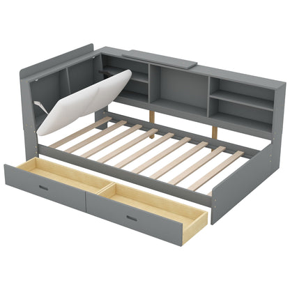 Platform bed with storage headboard, shelves and 2 drawers in gray by HouseOfZazla on Tampa Home & Garden Store