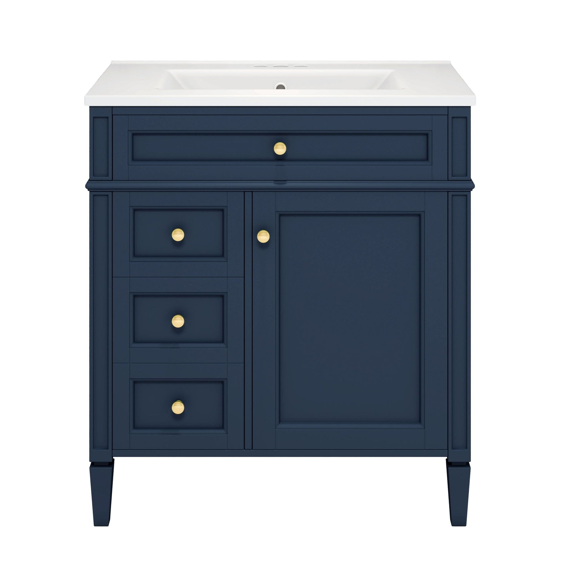 Bathroom vanity by HouseOfZazla navy with white countertop and gold knobs, 2 doors 4 drawers on Tampa Home & Garden Store