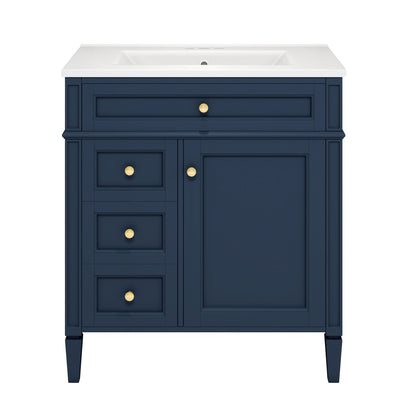 Bathroom vanity by HouseOfZazla navy with white countertop and gold knobs, 2 doors 4 drawers on Tampa Home & Garden Store