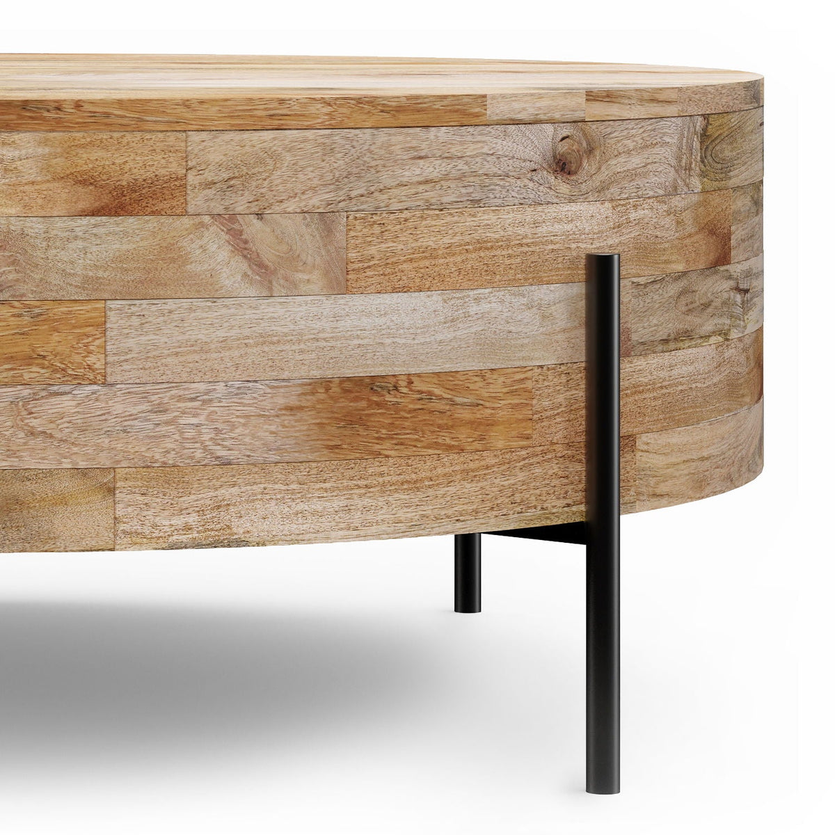 Round coffee table in solid mango wood with a stacked block veneer and slim black metal legs on Tampa Home & Garden Store