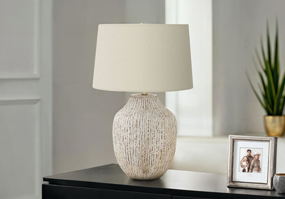 HouseOfZazla table lamp with cream fabric shade and textured ceramic base on Tampa Home & Garden Store