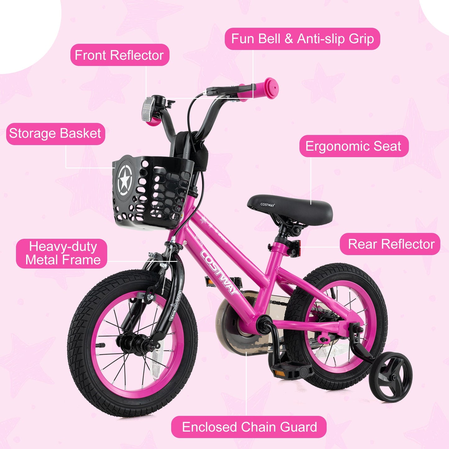 12 Inch Kids Bike Adjustable Bicycle with Front Basket for Children Aged 3-4 Years Old