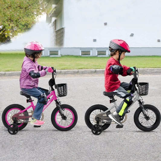 14 Inch Kids Bike With Transparent Chain Cover two kids ride pink and gray bikes in helmets on Tampa Home & Garden Store