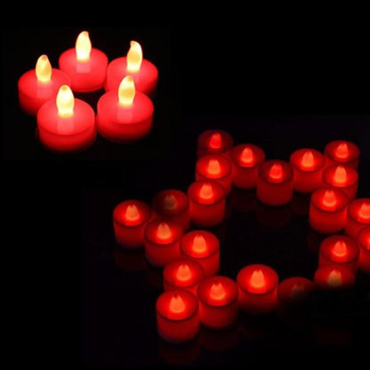 Stevvex flameless LED tea lights 12-pack red battery powered with flickering flame on Tampa Home & Garden Store