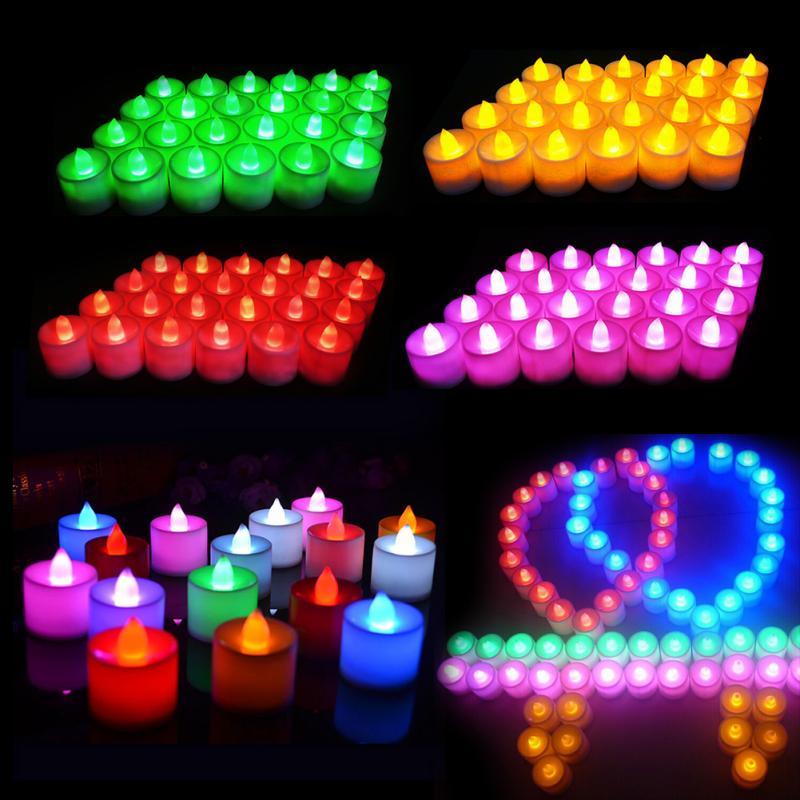 12pc Stevvex flameless LED tea lights multicolor set with heart-shaped light display on Tampa Home & Garden Store