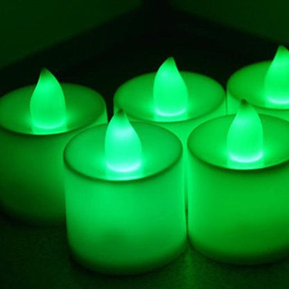 Flameless LED tea lights by Stevvex, green glow 12-pack battery operated candles for decor on Tampa Home & Garden Store