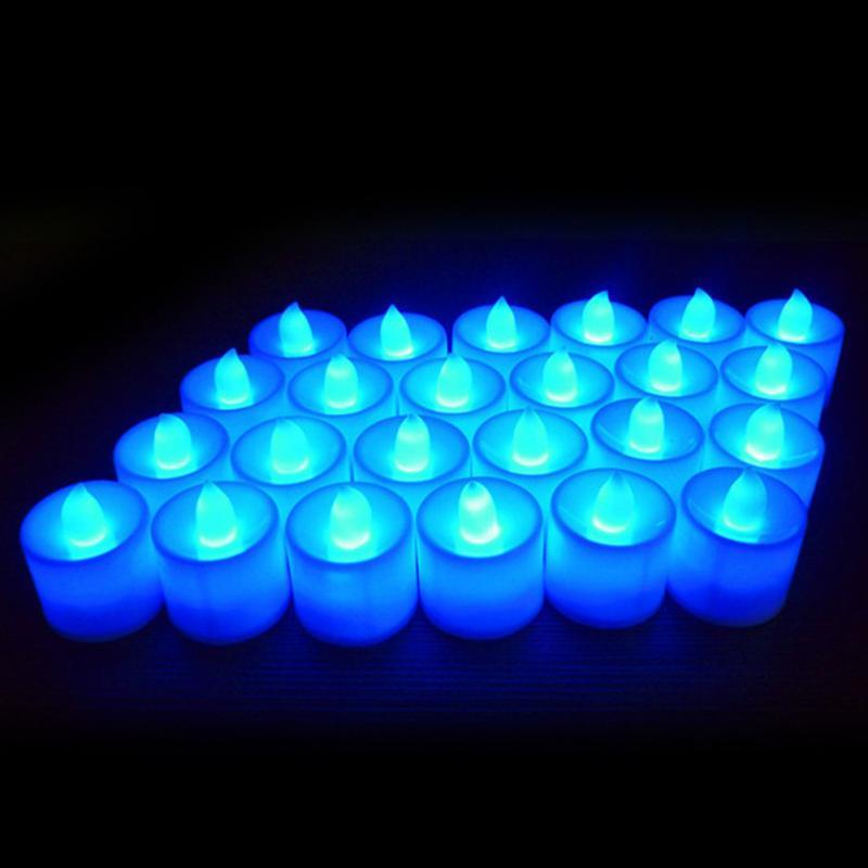 Stevvex 12pc blue LED tea light candles flameless battery-operated decor set on Tampa Home & Garden Store