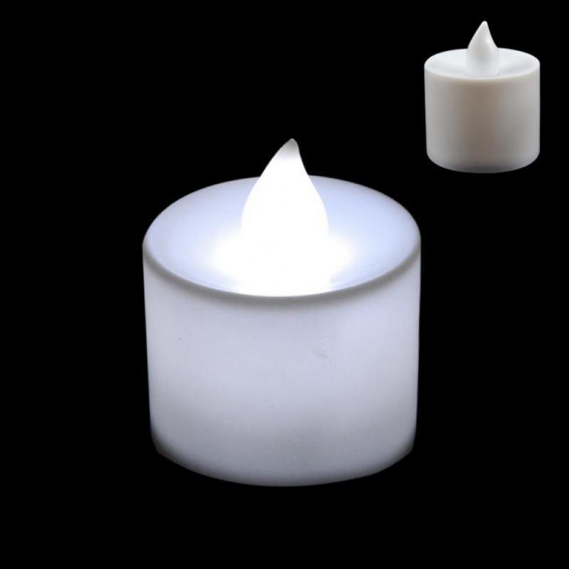Flameless LED tea light candle, white plastic, Stevvex, flickering glow on Tampa Home & Garden Store