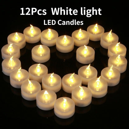 12-pack white LED tea lights, battery-operated flameless candles with warm flicker in a circle on Tampa Home & Garden Store