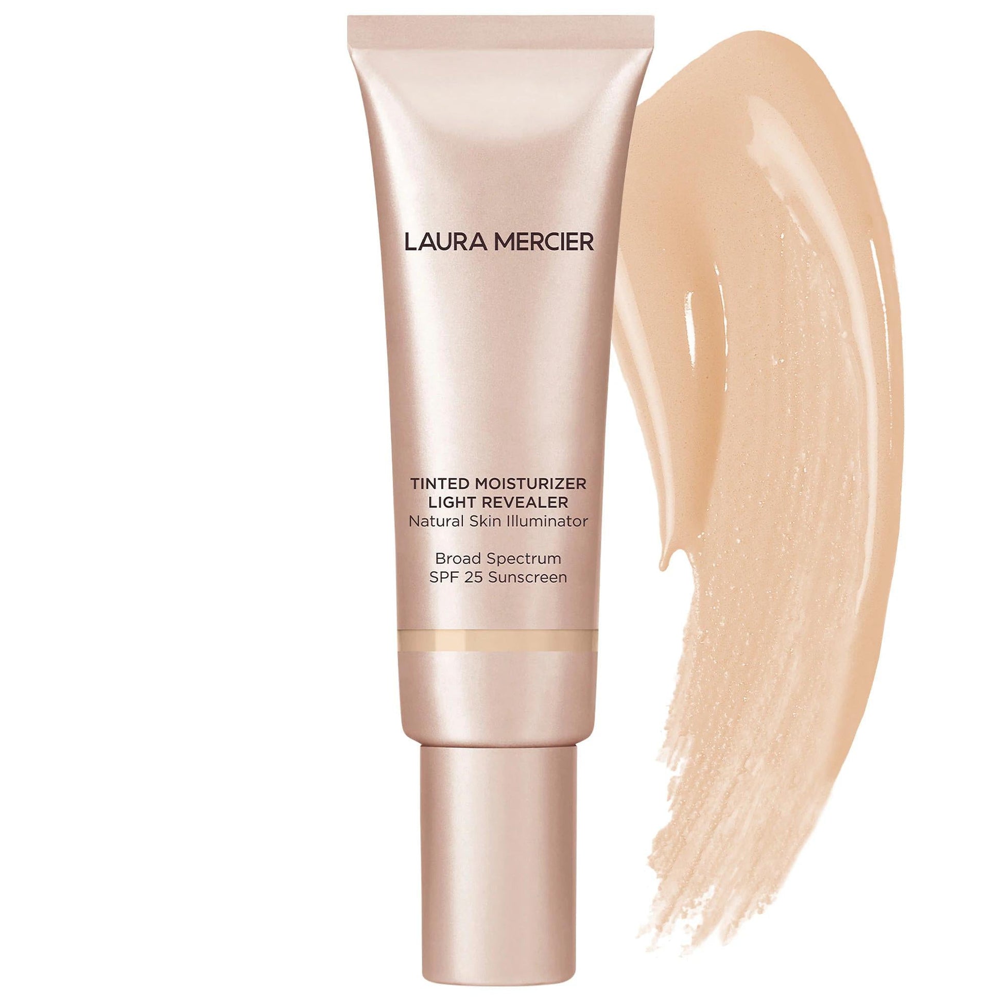 Laura Mercier tinted moisturizer tube in rose-gold packaging with beige foundation swatch on Tampa Home & Garden Store
