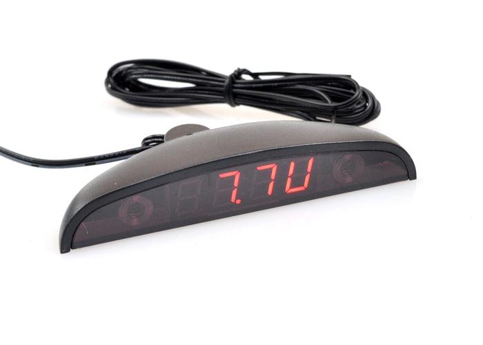 Stevvex 12V car clock voltmeter thermometer 3-in-1 with red LED display and curved housing on Tampa Home & Garden Store
