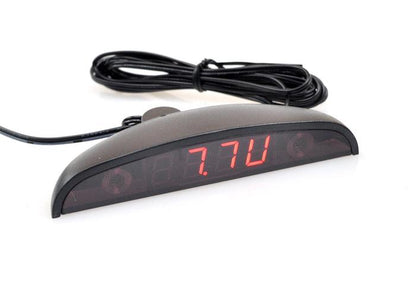 Stevvex 12V car clock voltmeter thermometer 3-in-1 with red LED display and curved housing on Tampa Home & Garden Store