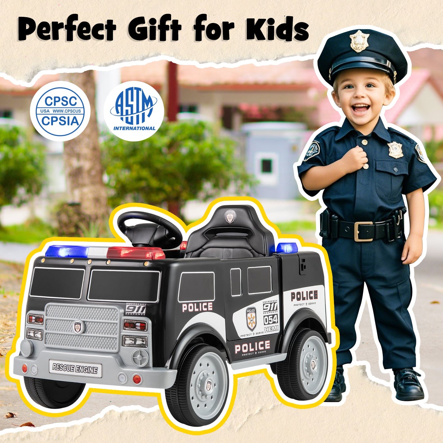 12V Battery Powered Electric Vehicle with 3 Speeds and Megaphone-Black