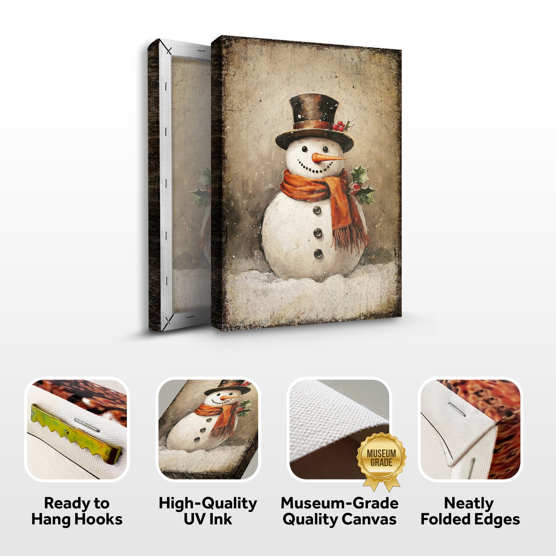 Vintage Snowman Christmas Wall Art IV canvas by Tailored Canvases, rustic aged scene with top hat on Tampa Home & Garden Store