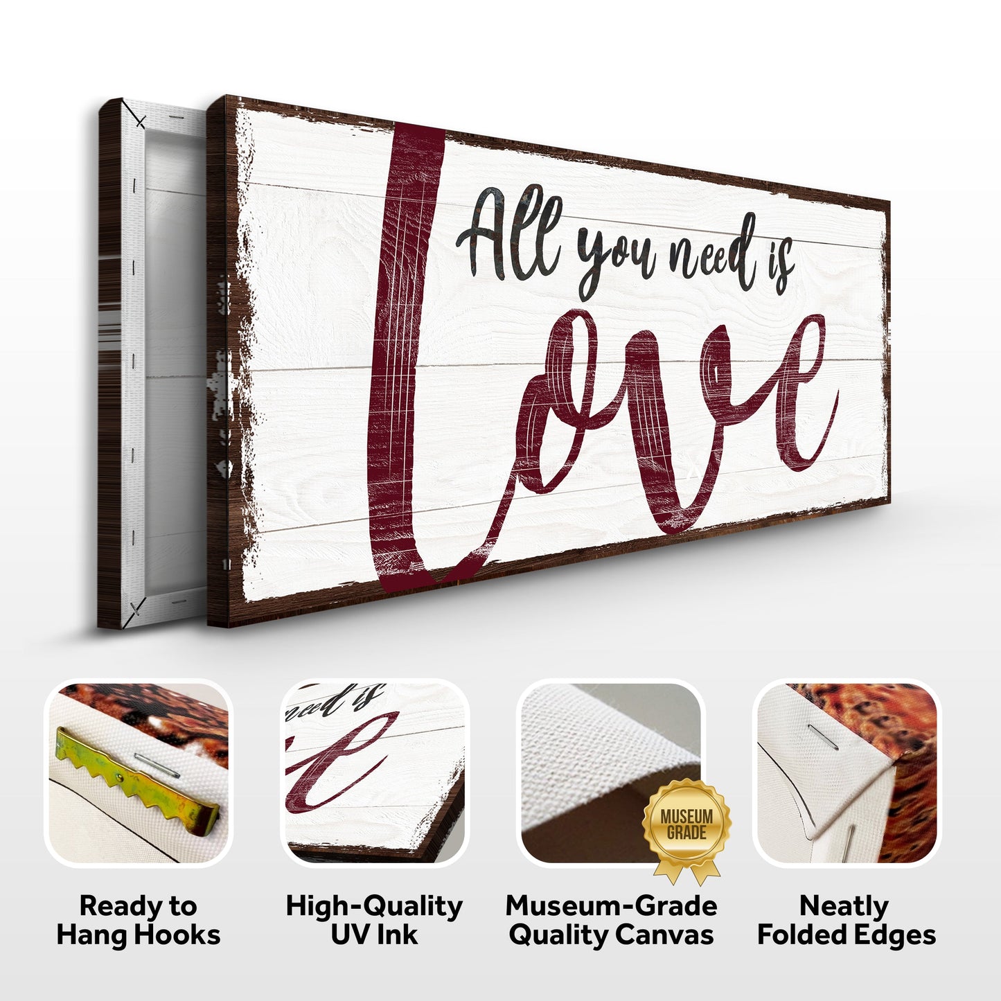 All You Need Is Love canvas sign with white distressed wood background and maroon lettering on Tampa Home & Garden Store