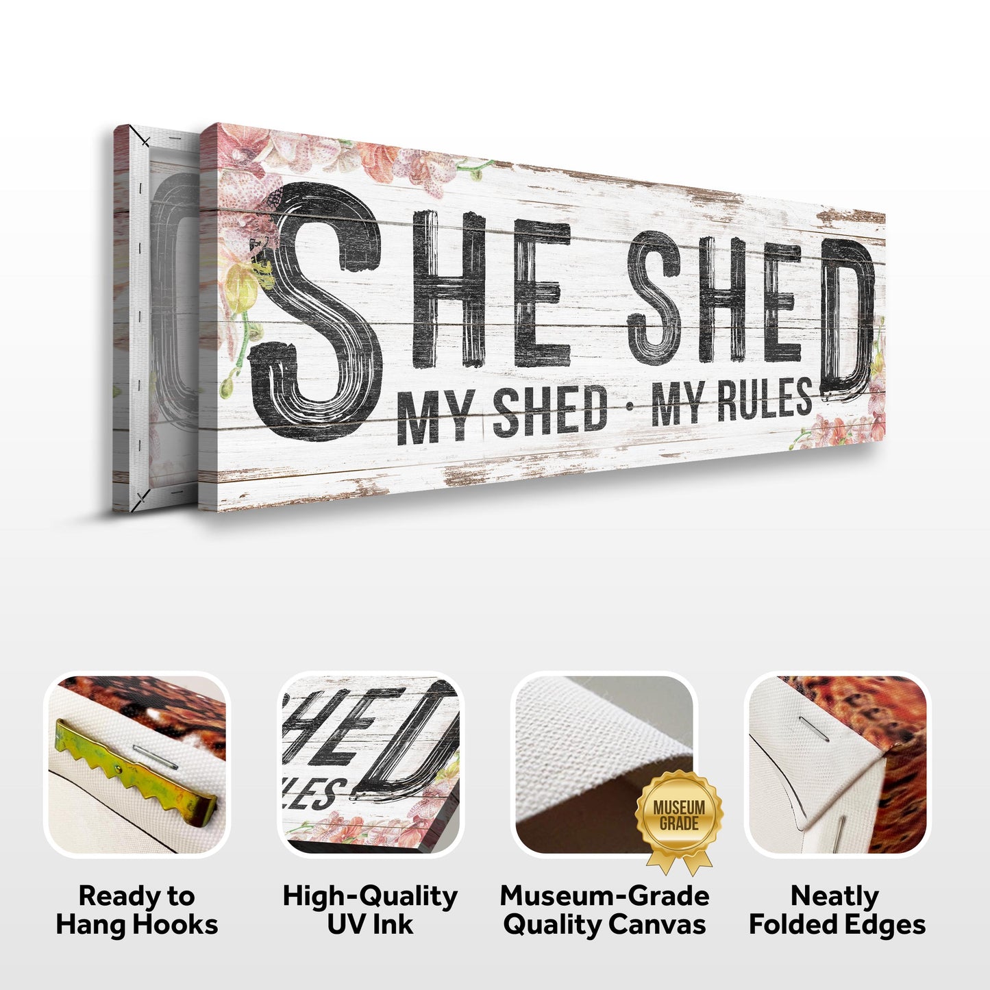 Personalized She Shed Sign XIV canvas by Tailored Canvases with whitewashed wood and floral on Tampa Home & Garden Store
