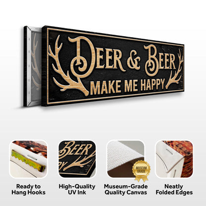 Deer And Beer Make Me Happy Hunting Sign canvas by Tailored Canvases, black with gold lettering on Tampa Home & Garden Store