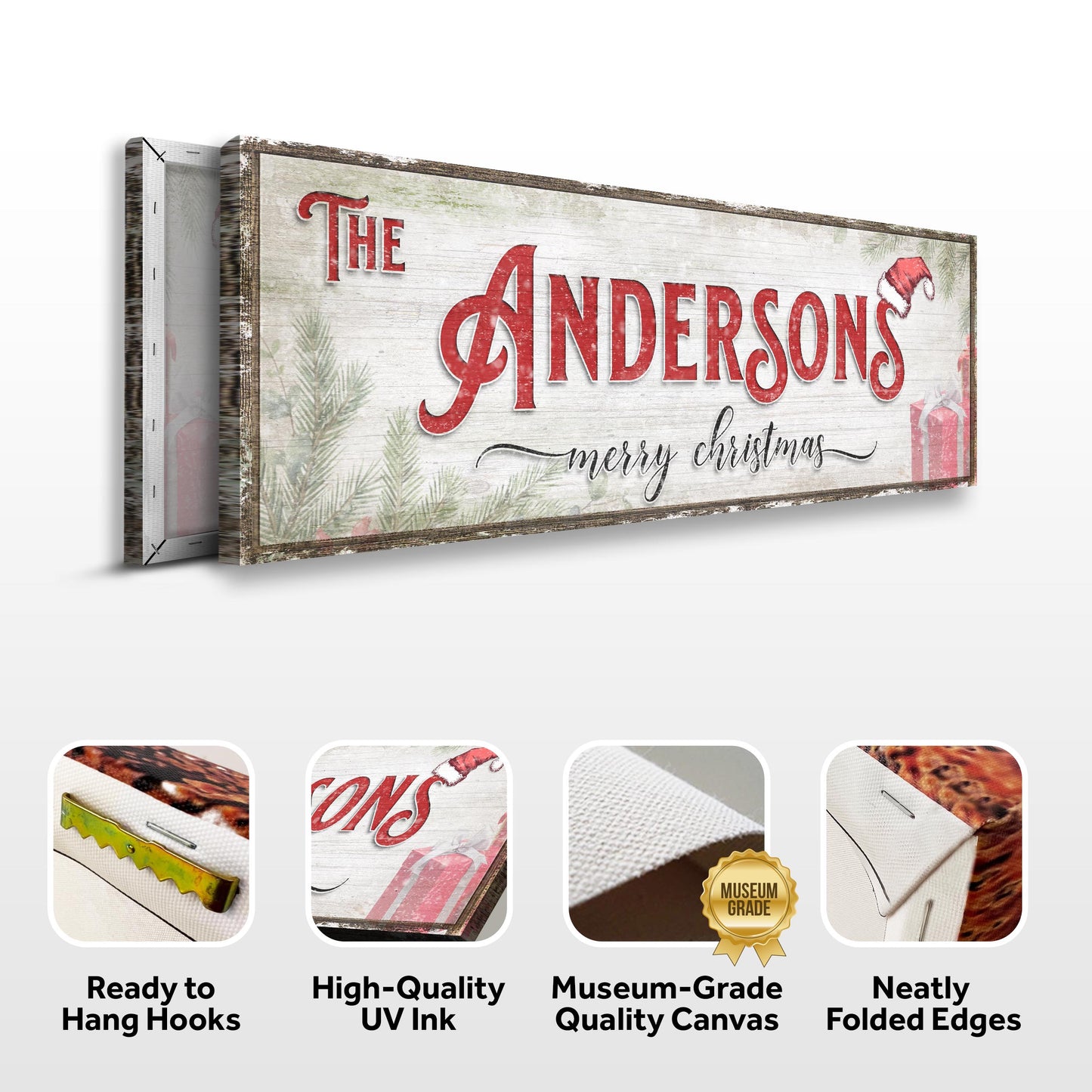 Christmas Family Name Sign V canvas by Tailored Canvases rustic wood with red surname on Tampa Home & Garden Store