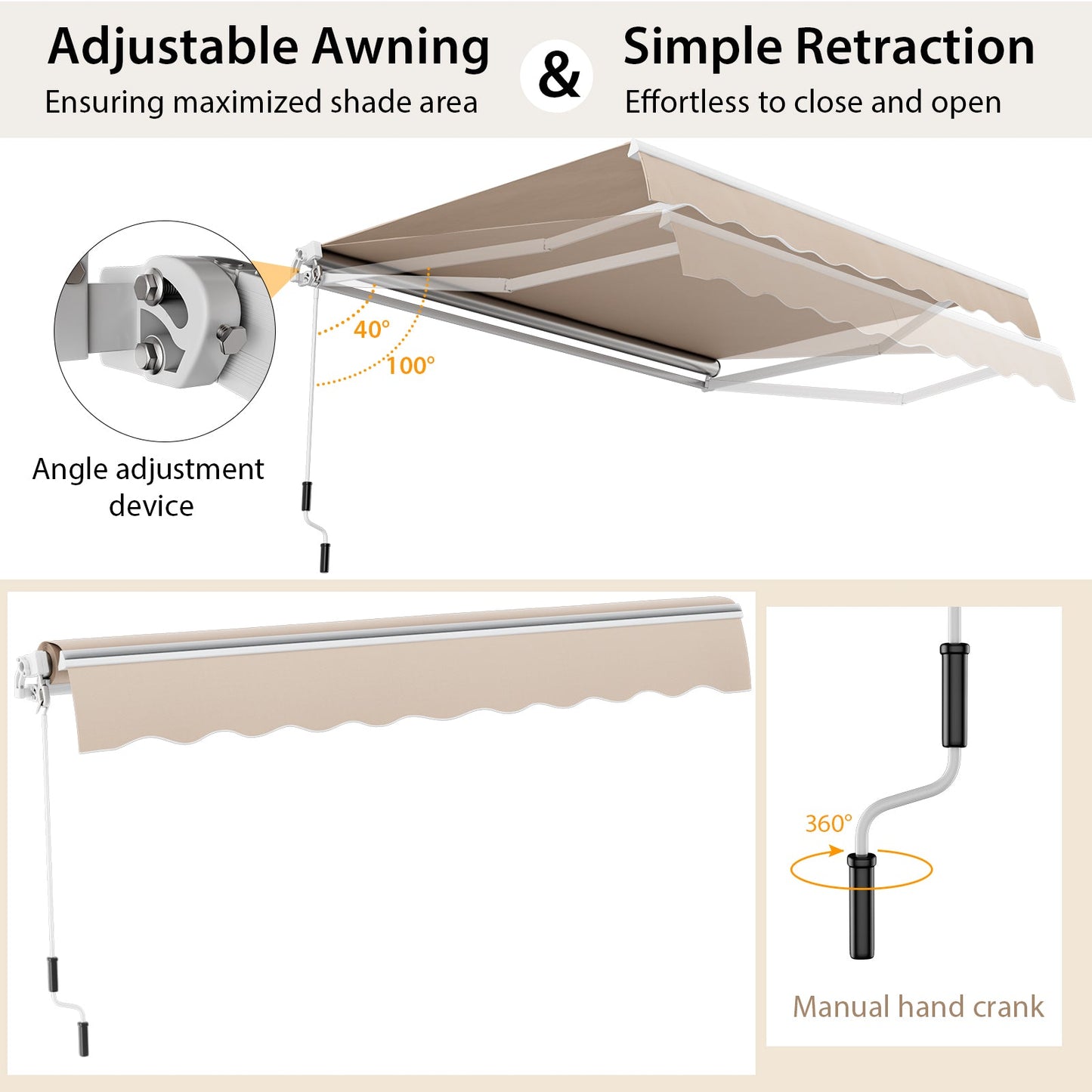 13 × 8 Feet Retractable Patio Awning Aluminum Deck Sunshade-Beige - Tampa Home & Garden Store