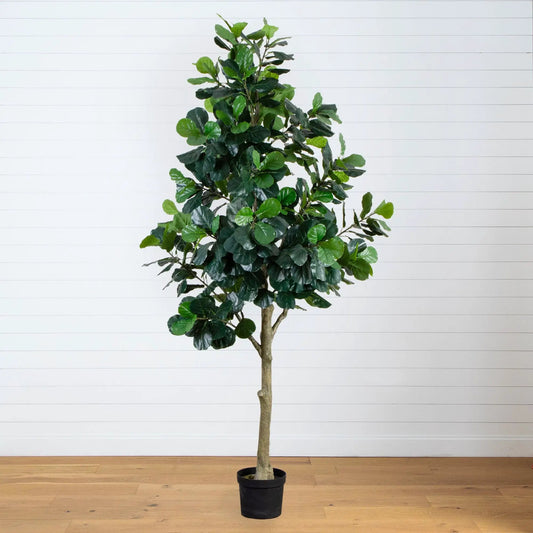Tall artificial fiddle leaf fig tree by Nearly Natural in a black pot with glossy green leaves on Tampa Home & Garden Store