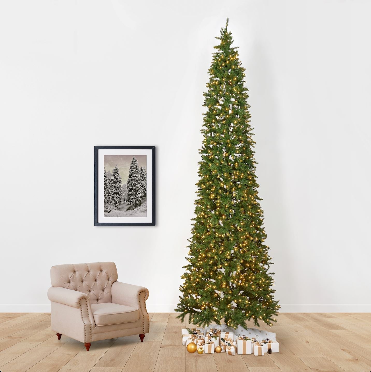 13’ Artificial Slim Green Mountain Pine Christmas Tree with 1360 Warm White LED Lights and 3924 Bendable Branches - Tampa Home & Garden Store