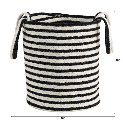 13” Boho Chic Basket Natural Cotton, Handwoven Black and White Stripe with Handles - Tampa Home & Garden Store