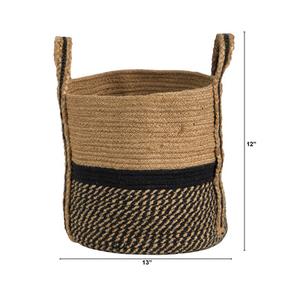 13" Boho Chic Basket Natural Jute Basket Planter, Black Bottom Natural Top with Handles" - Tampa Home & Garden Store