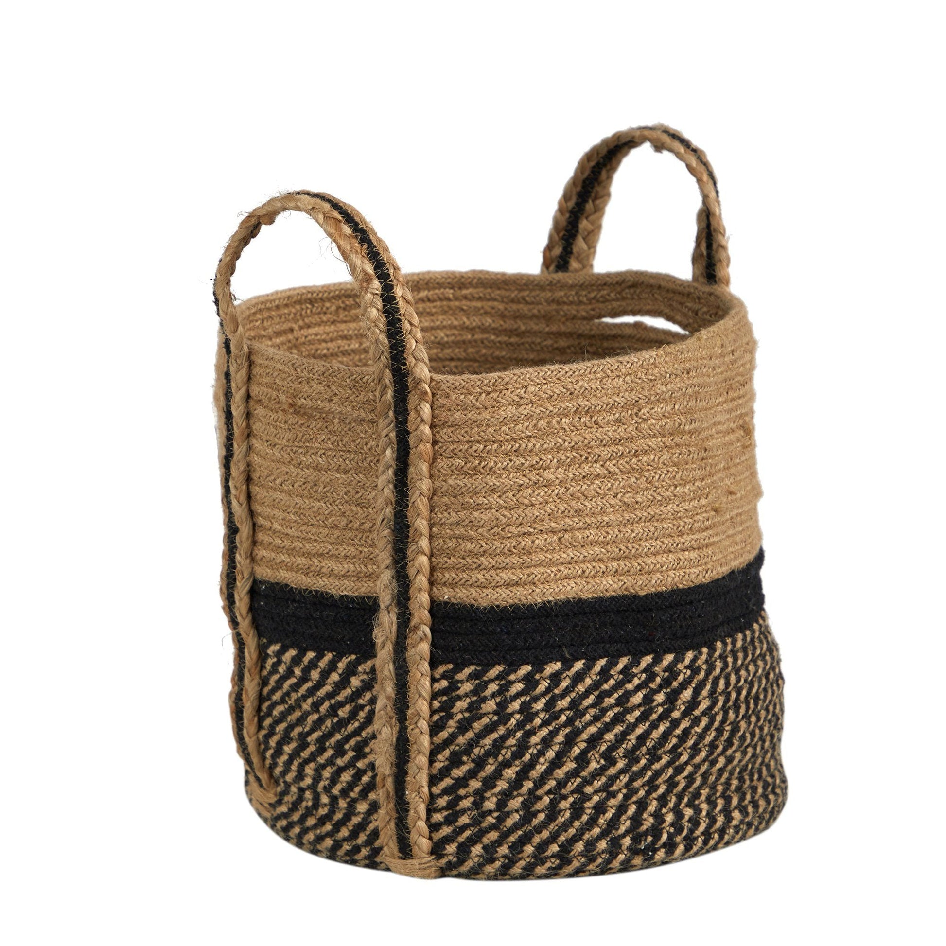 13" Boho Chic Basket Natural Jute Basket Planter, Black Bottom Natural Top with Handles" - Tampa Home & Garden Store