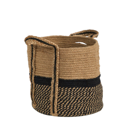 13" Boho Chic Basket Natural Jute Basket Planter, Black Bottom Natural Top with Handles" - Tampa Home & Garden Store