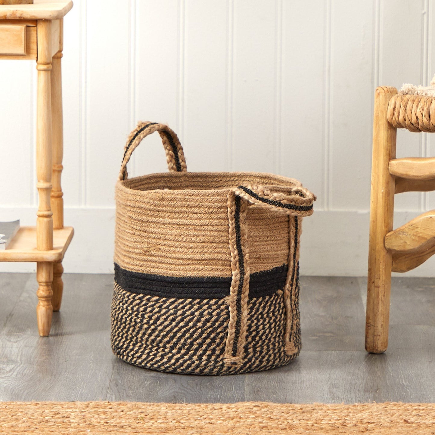 13" Boho Chic Basket Natural Jute Basket Planter, Black Bottom Natural Top with Handles" - Tampa Home & Garden Store