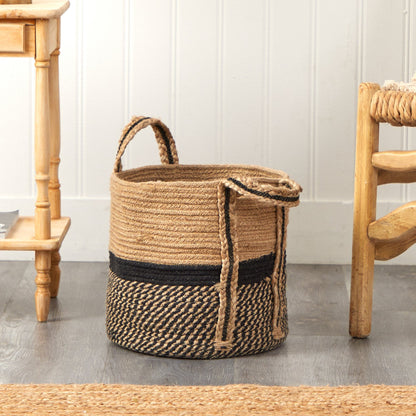 13" Boho Chic Basket Natural Jute Basket Planter, Black Bottom Natural Top with Handles" - Tampa Home & Garden Store