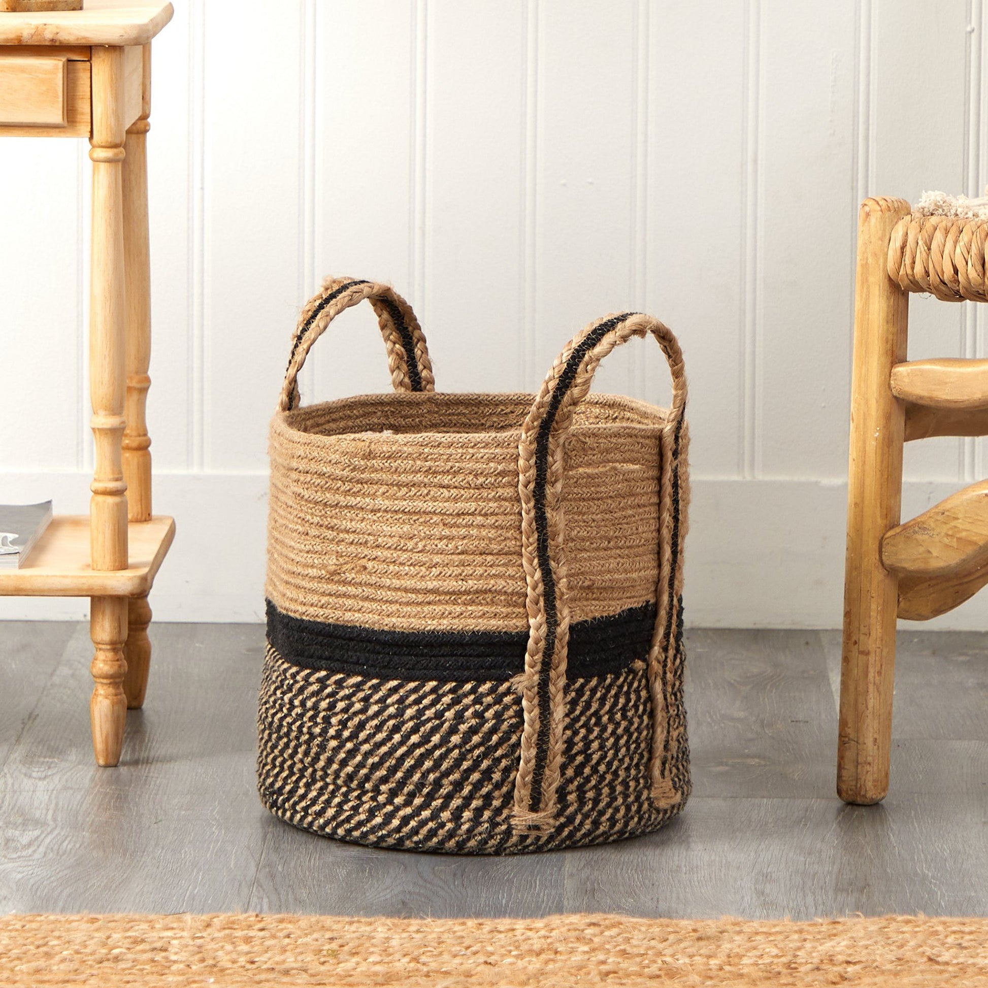 13" Boho Chic Basket Natural Jute Basket Planter, Black Bottom Natural Top with Handles" - Tampa Home & Garden Store