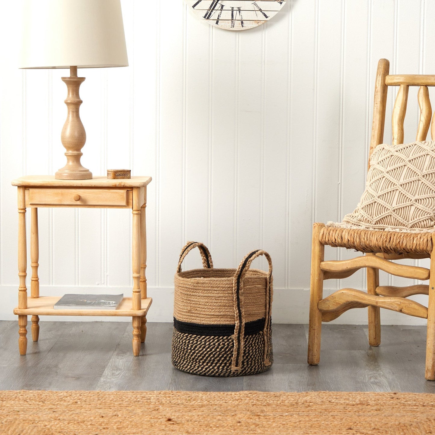 13" Boho Chic Basket Natural Jute Basket Planter, Black Bottom Natural Top with Handles" - Tampa Home & Garden Store