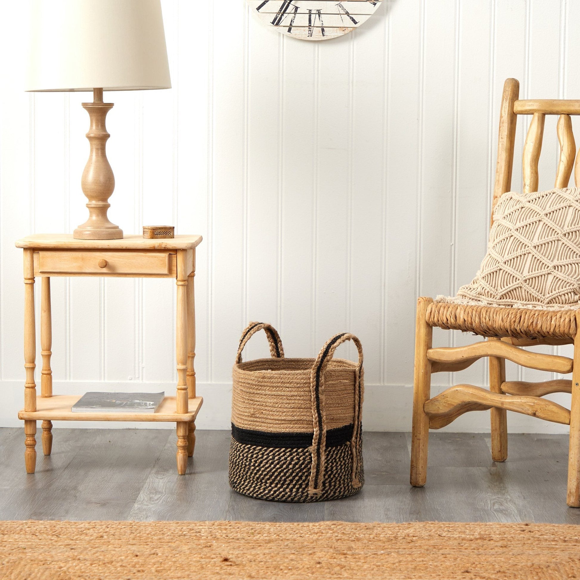 13" Boho Chic Basket Natural Jute Basket Planter, Black Bottom Natural Top with Handles" - Tampa Home & Garden Store