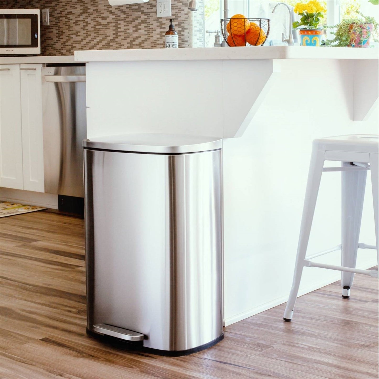 13 Gallon Brushed Stainless Steel Kitchen Trash Can with Step Open Lid - Tampa Home & Garden Store