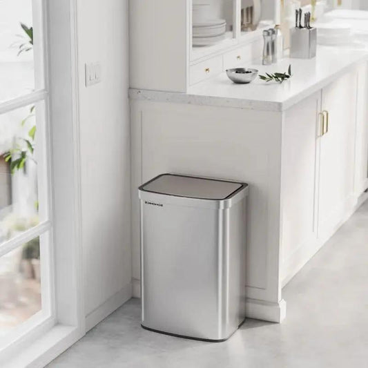 13 gallon stainless steel trash can with sensor lid by HomePacific in a modern white kitchen on Tampa Home & Garden Store