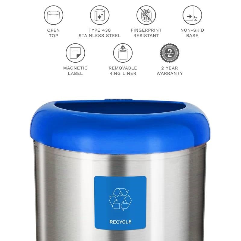 13-Gallon Stainless Steel Recycle Bin with Blue Open Top - Tampa Home & Garden Store