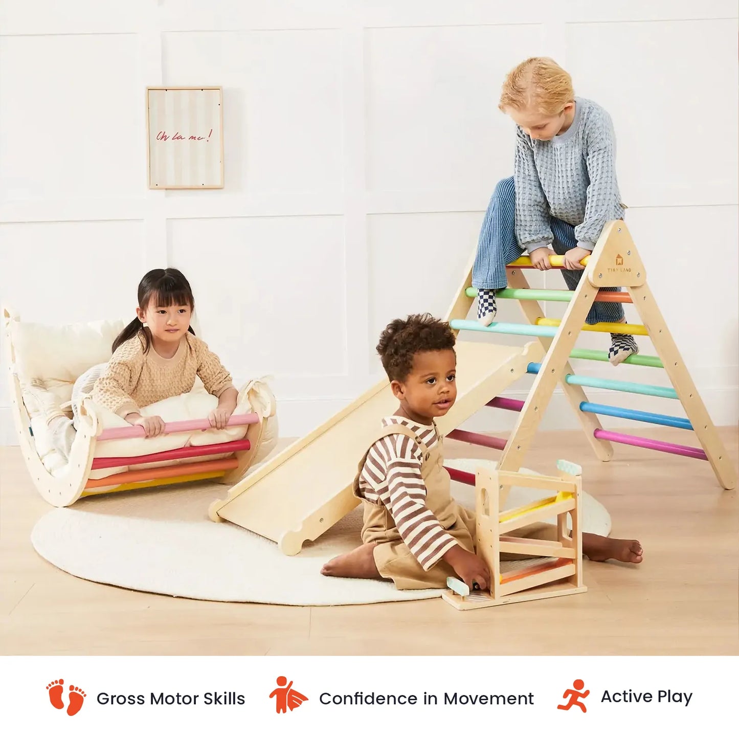 Tiny Land Pikler Triangle 7-in-1 Montessori climbing set, wood frame with rainbow rungs on Tampa Home & Garden Store