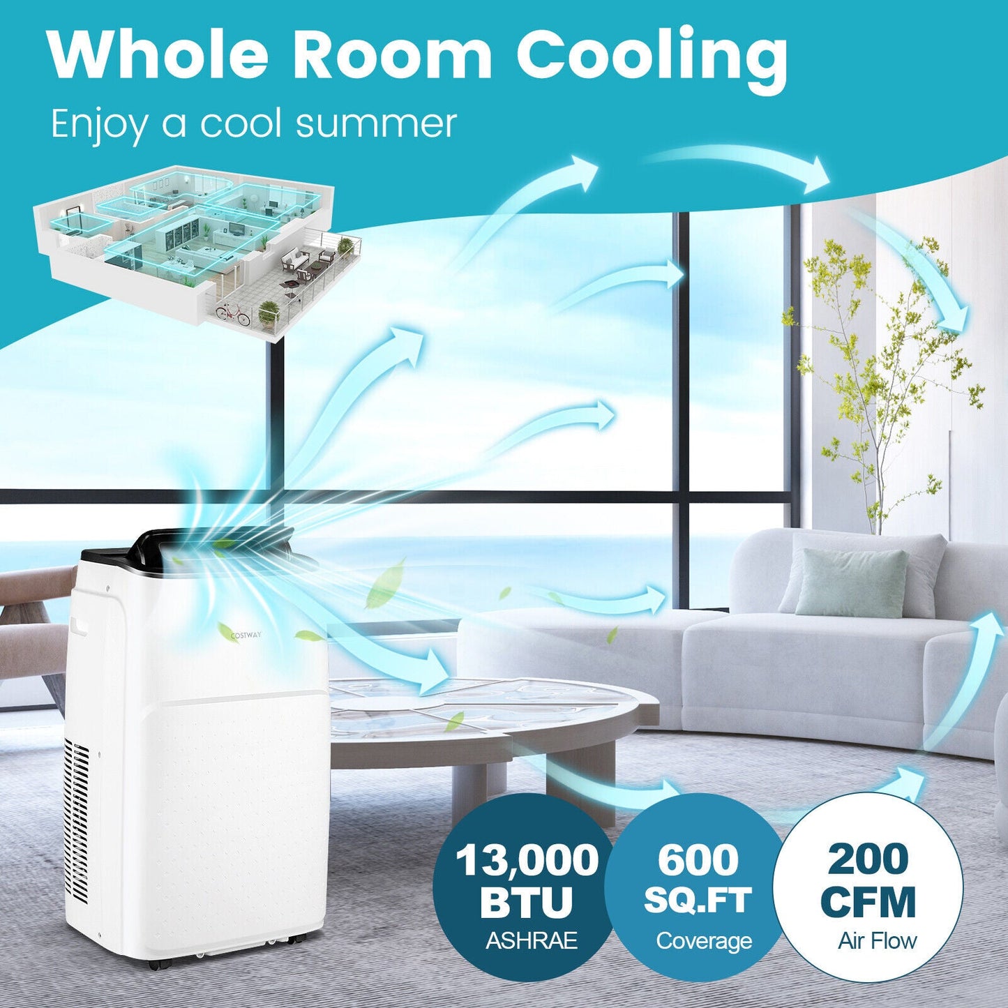 Aire acondicionado portátil 4 en 1 de 13000 BTU con control por aplicación y voz - Blanco