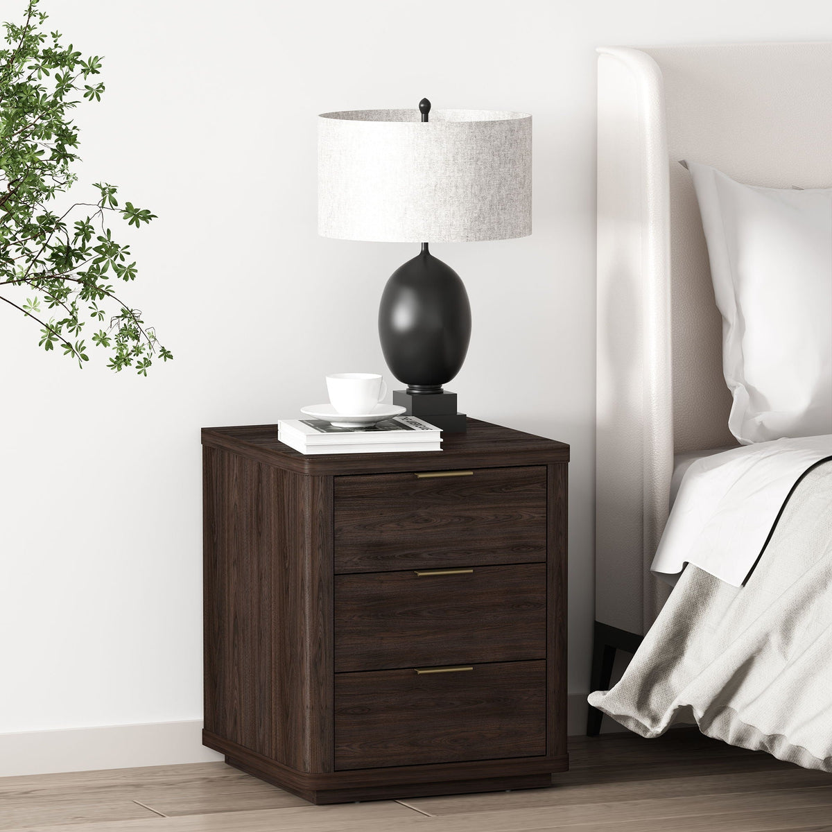 Accent Nightstand 3-drawer dark walnut wood with smooth rounded edges by HouseOfZazla on Tampa Home & Garden Store