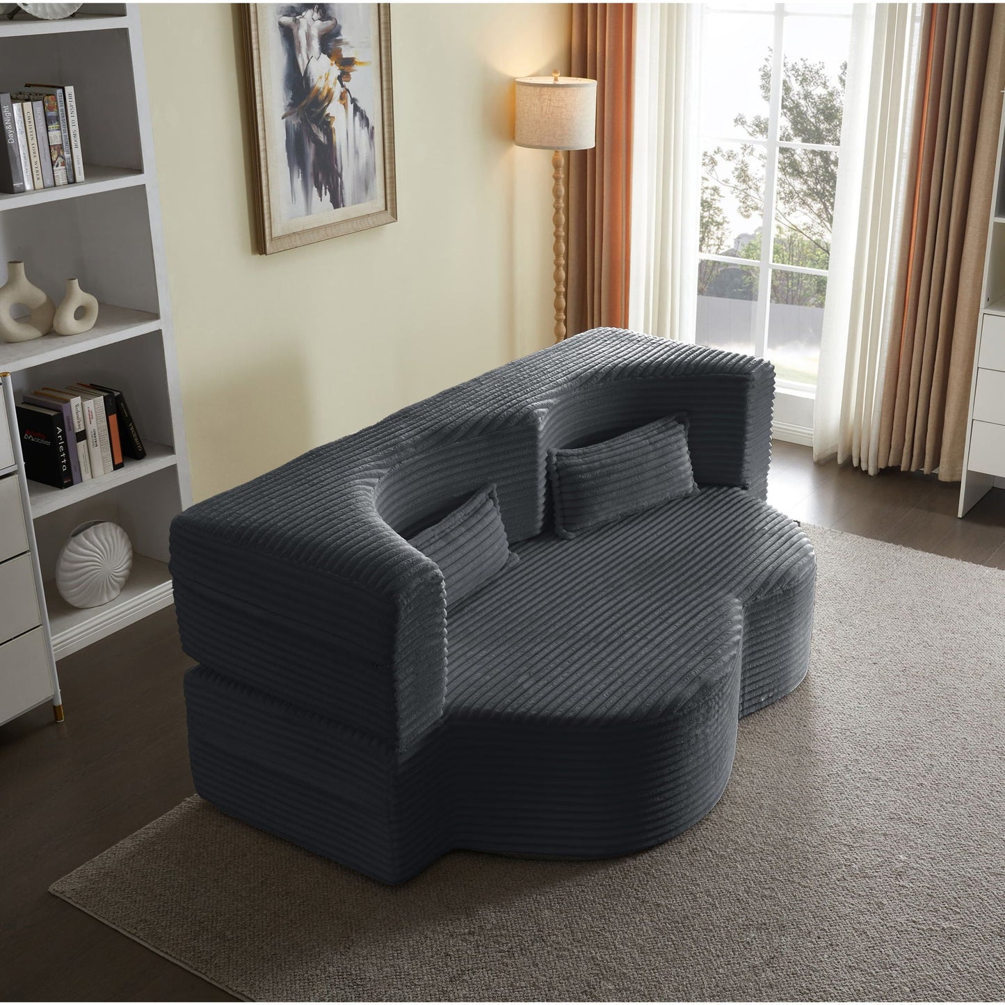 Floor sleeper sofa bed by HouseOfZazla in blue-gray ribbed fabric with 2 pillows on Tampa Home & Garden Store
