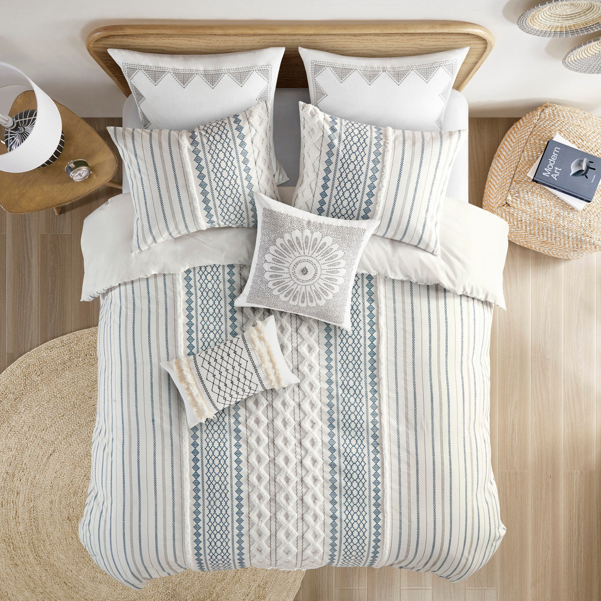 Duvet cover set King/Cal King cotton printed with chenille Aztec motif in blue and white HouseOfZazla on Tampa Home & Garden Store