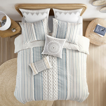 Cotton Printed Duvet Cover Set with Chenille by HouseOfZazla, full/queen blue stripes on Tampa Home & Garden Store