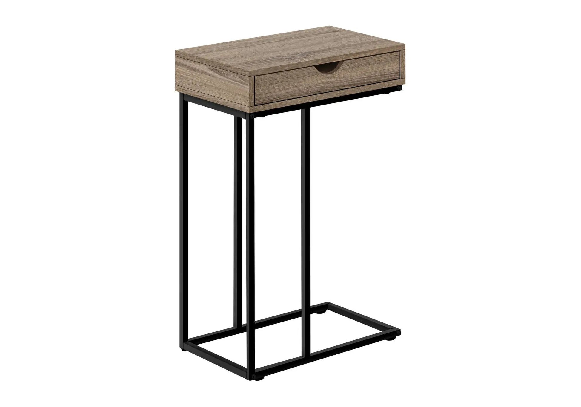 C-shaped accent table with natural wood top and front drawer, black metal frame on Tampa Home & Garden Store