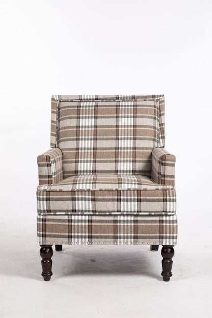 Upholstered Accent Chair in brown plaid linen fabric with nailhead trim and dark wood legs on Tampa Home & Garden Store