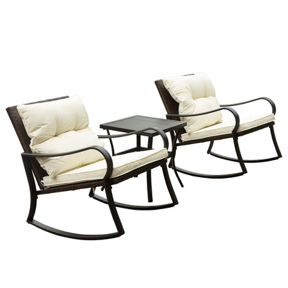 Metal two‑person outdoor rocking seating group with cream cushions and a small black slatted table by HouseOfZazla on Tampa Home & Garden Store