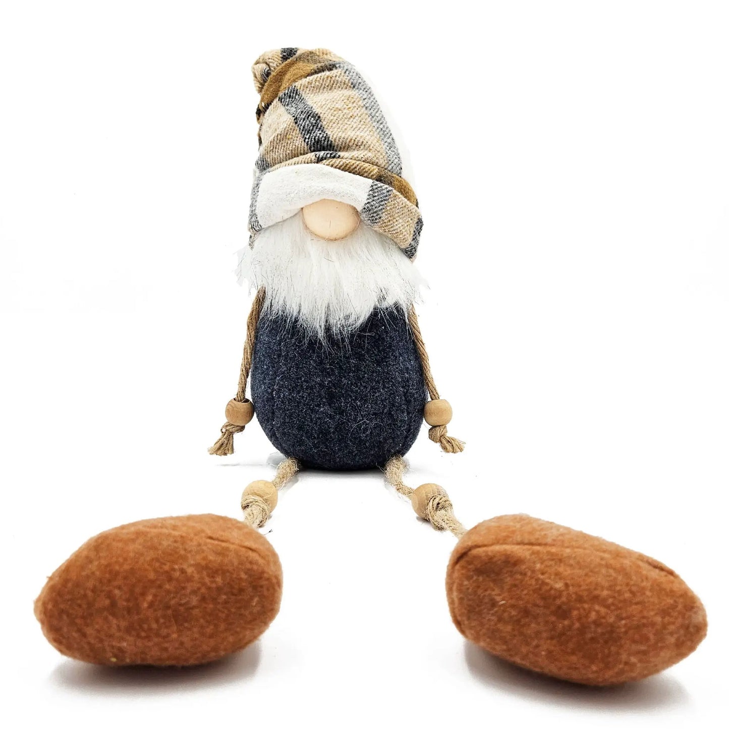 Fall Thanksgiving gnome figurine with blue body, white beard and plaid brown scarf on Tampa Home & Garden Store