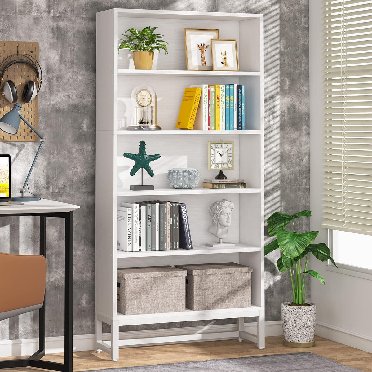 5 Tier Heavy Duty Bookshelf white powder-coated steel frame by HouseOfZazla with decor on Tampa Home & Garden Store