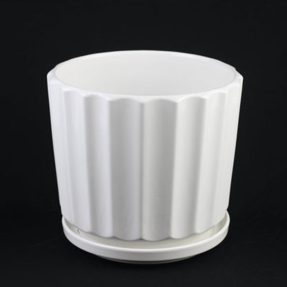 3-Piece White Ceramic Planter Pot Set with Fluted Design & Saucers