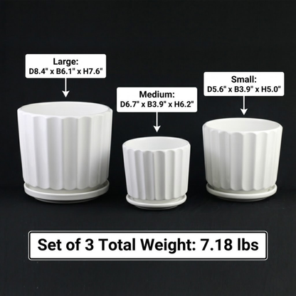 3-Piece White Ceramic Planter Pot Set with Fluted Design & Saucers